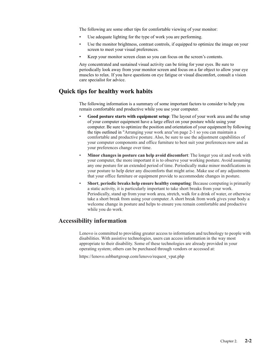 Quick tips for healthy work habits, Accessibility information | Lenovo ThinkVision 23.8" Monitor User Manual | Page 14 / 38