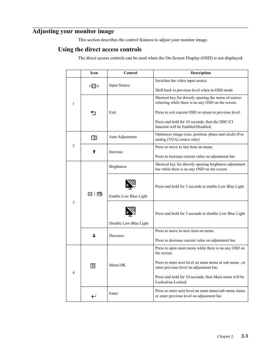 Adjusting your monitor image, Using the direct access controls, Adjusting your monitor image -3 | Using the direct access controls -3 | Lenovo ThinkVision 23.8" Monitor User Manual | Page 15 / 38