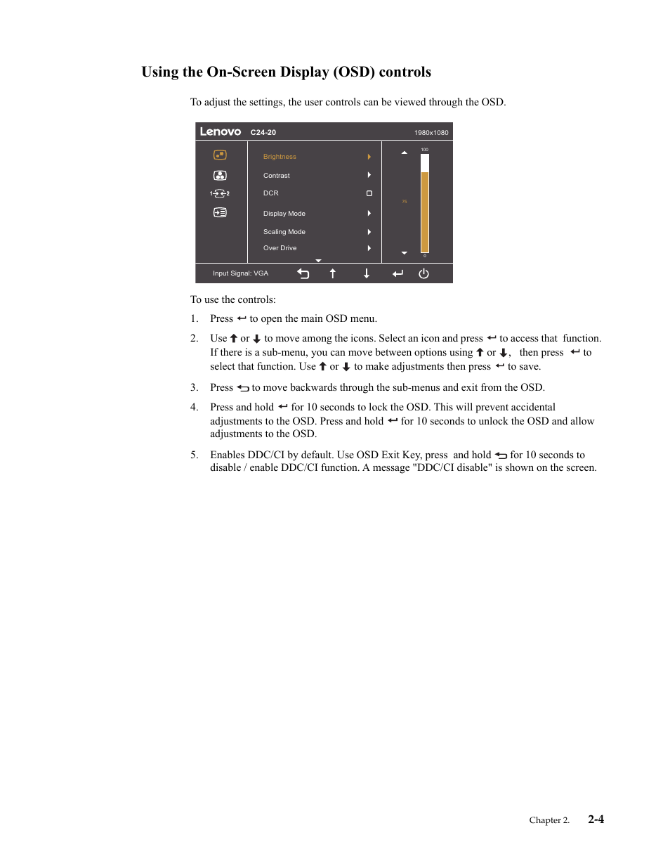 Using the on-screen display (osd) controls, Using the on-screen display (osd) controls -4 | Lenovo ThinkVision 23.8" Monitor User Manual | Page 16 / 38