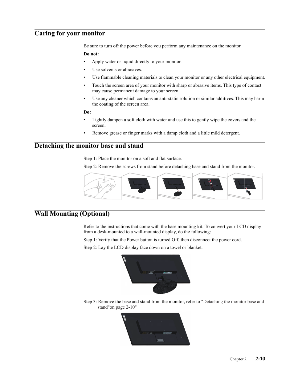 Caring for your monitor, Detaching the monitor base and stand, Wall mounting (optional) | Lenovo ThinkVision 23.8" Monitor User Manual | Page 22 / 38