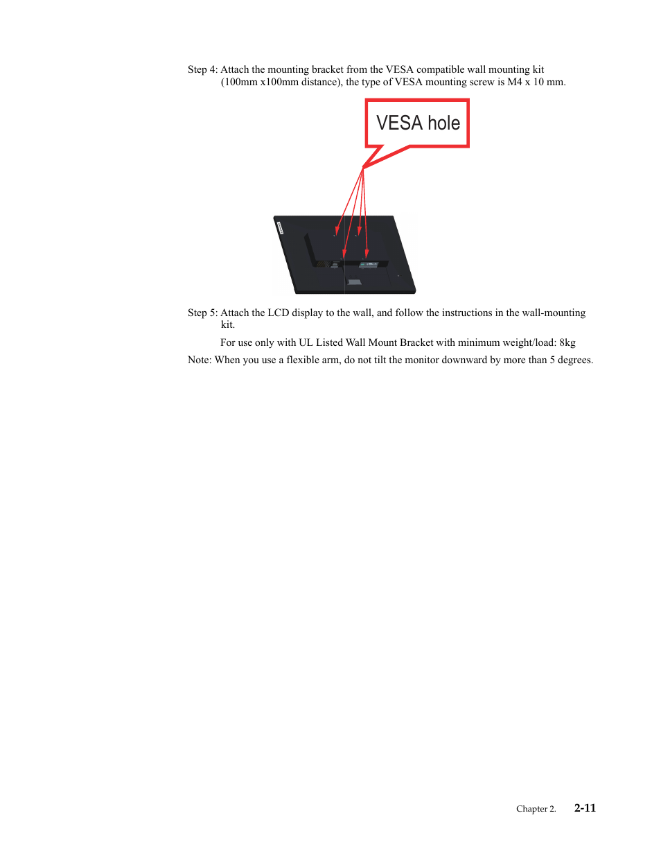 Vesa hole | Lenovo ThinkVision 23.8" Monitor User Manual | Page 23 / 38