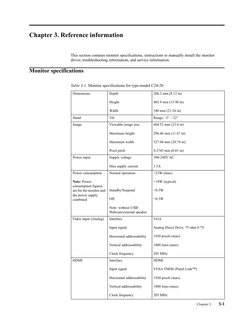 Chapter 3. reference information, Monitor specifications, Monitor specifications -1 | Lenovo ThinkVision 23.8" Monitor User Manual | Page 24 / 38