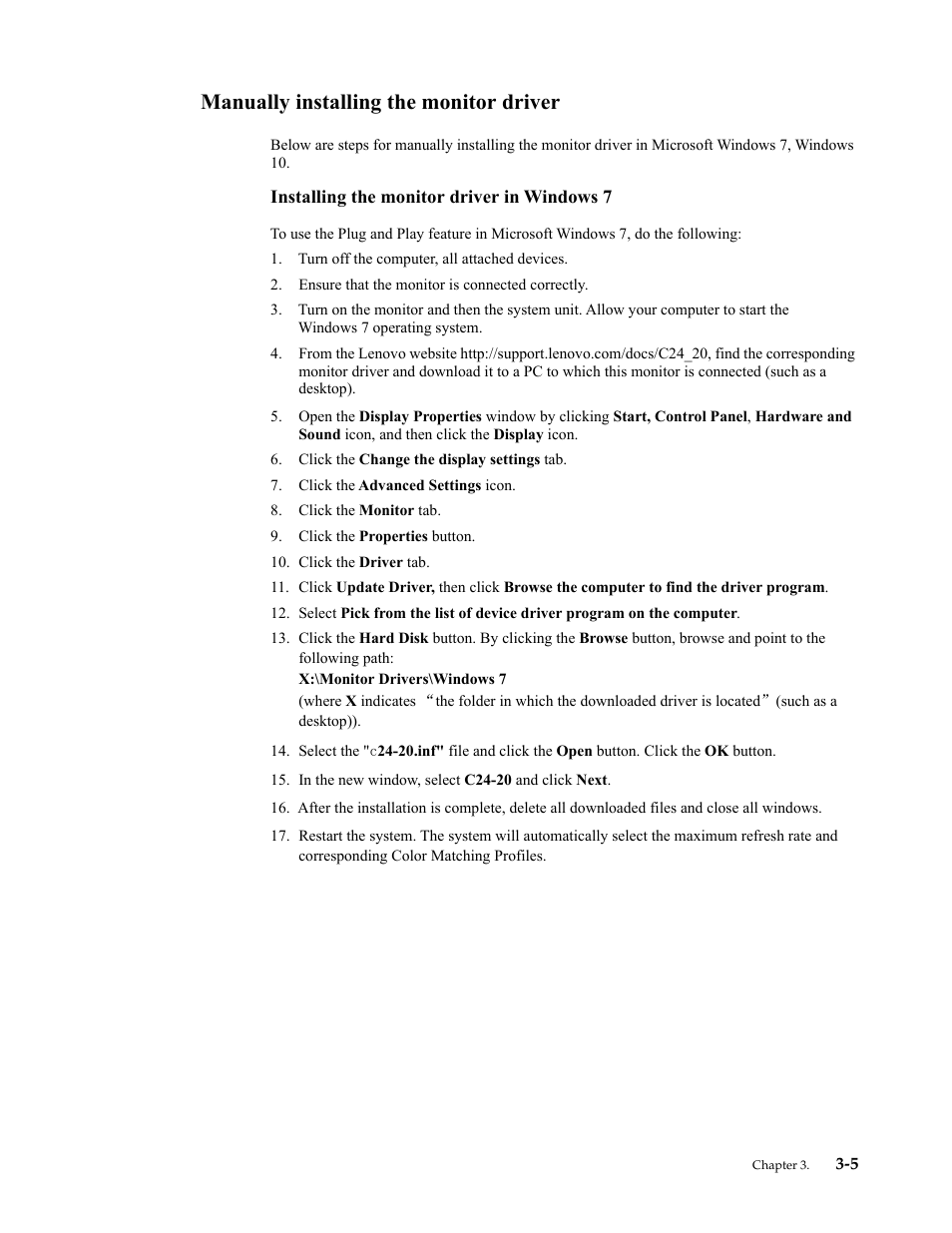 Manually installing the monitor driver, Installing the monitor driver in windows 7, Manually installing the monitor driver -5 | Installing the monitor driver in windows 7 -5 | Lenovo ThinkVision 23.8" Monitor User Manual | Page 28 / 38