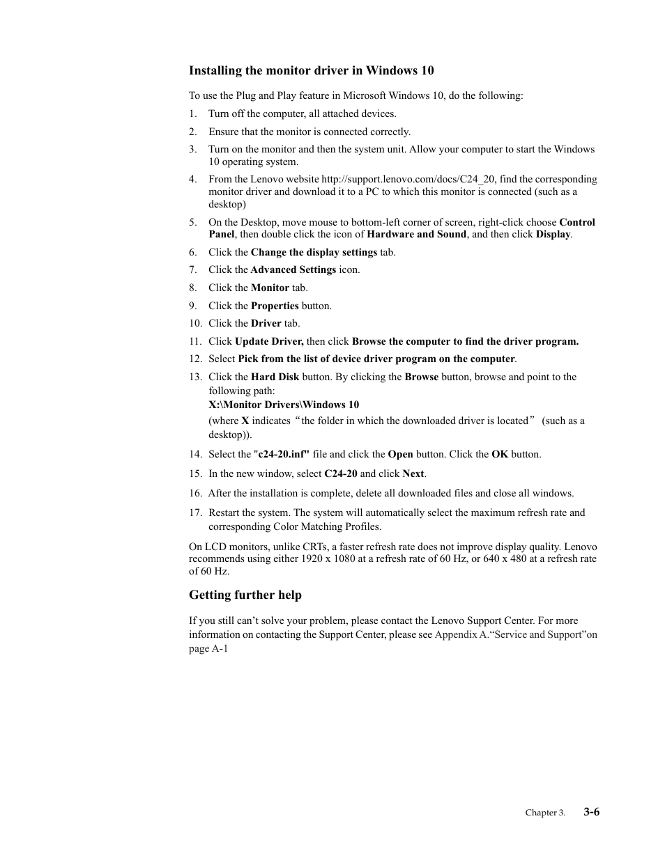 Installing the monitor driver in windows 10, Getting further help | Lenovo ThinkVision 23.8" Monitor User Manual | Page 29 / 38