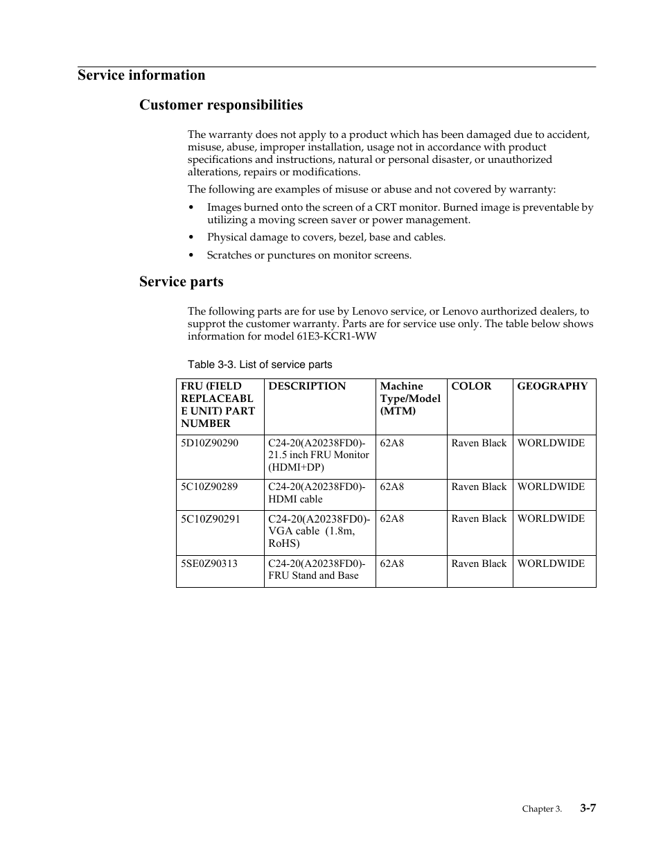 Service information, Customer responsibilities, Service parts | Service information -7, Customer responsibilities -7 service parts -7, Service information customer responsibilities | Lenovo ThinkVision 23.8" Monitor User Manual | Page 30 / 38