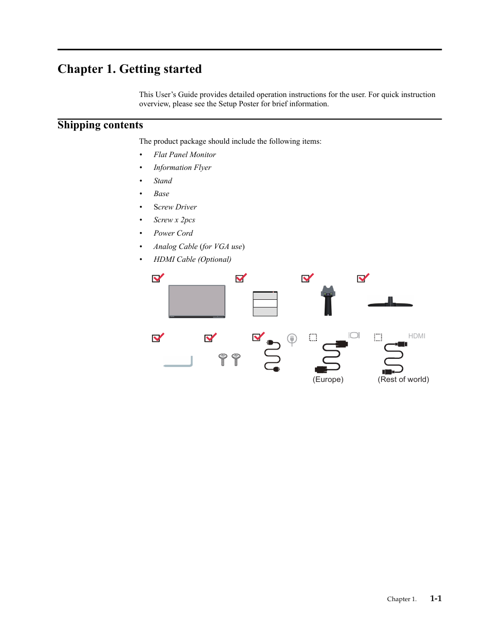 Chapter 1. getting started, Shipping contents, Shipping contents -1 | Lenovo ThinkVision 23.8" Monitor User Manual | Page 5 / 38