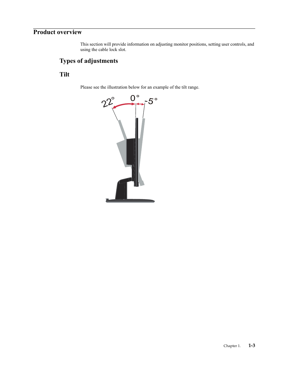 Product overview, Types of adjustments, Tilt | Product overview -3, Types of adjustments -3 tilt -3 | Lenovo ThinkVision 23.8" Monitor User Manual | Page 7 / 38