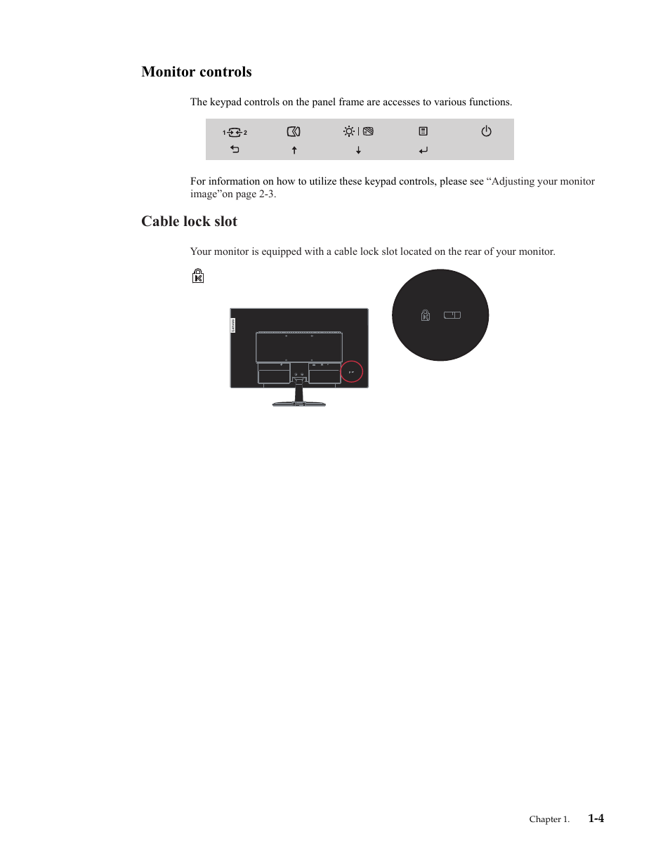 Monitor controls, Cable lock slot, Monitor controls -4 cable lock slot -4 | Lenovo ThinkVision 23.8" Monitor User Manual | Page 8 / 38