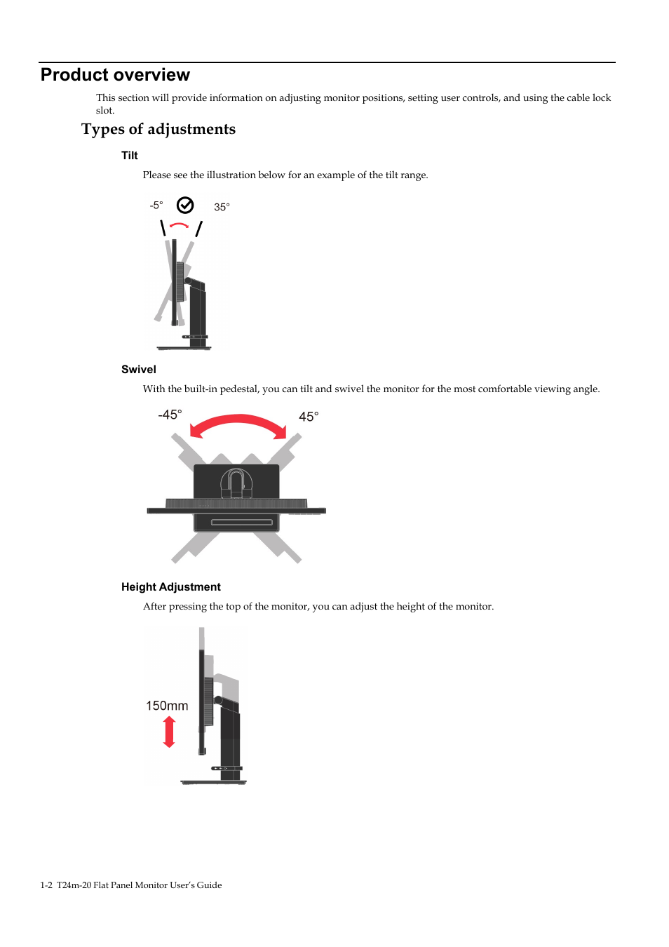 Product overview, Types of adjustments, Product overview -2 | Types of adjustments -2 | Lenovo T24M-20 23.8" USB Hub Monitor User Manual | Page 10 / 40