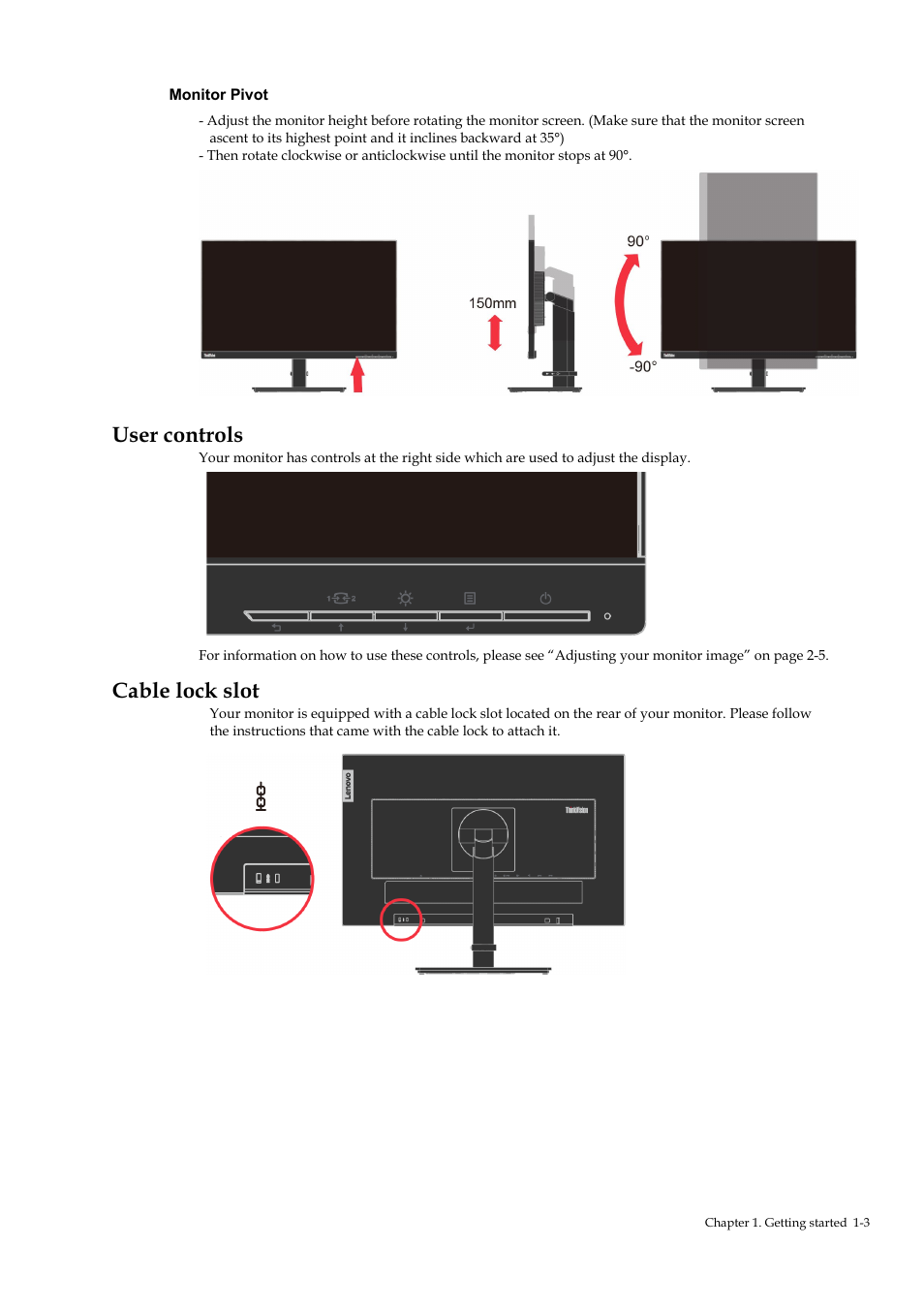 User controls, Cable lock slot, User controls -3 | Cable lock slot -3 | Lenovo T24M-20 23.8" USB Hub Monitor User Manual | Page 11 / 40
