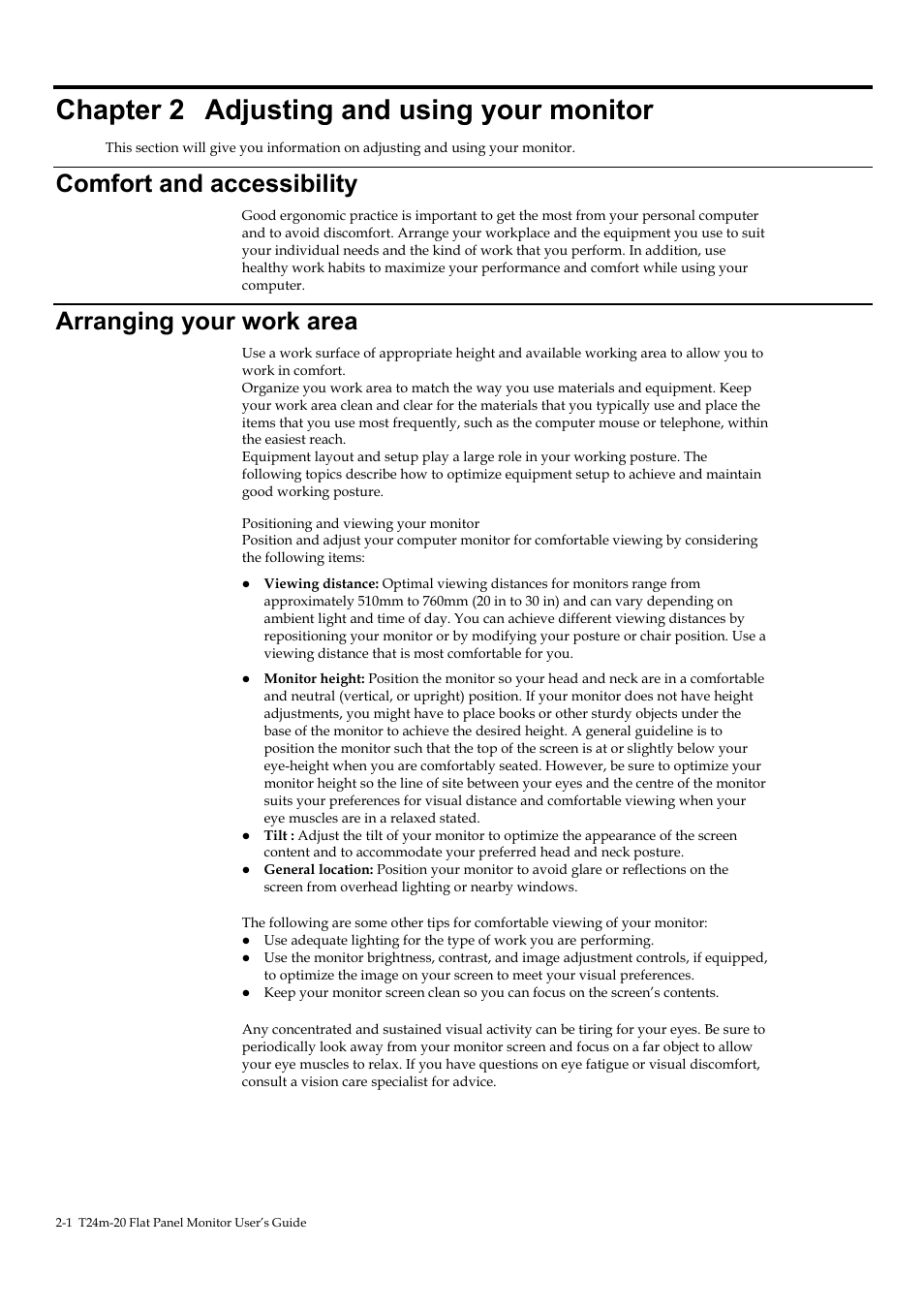 Chapter 2 adjusting and using your monitor, Comfort and accessibility, Arranging your work area | Chapter 2, Adjusting and using your monitor -1, Comfort and accessibility -1, Arranging your work area -1 | Lenovo T24M-20 23.8" USB Hub Monitor User Manual | Page 16 / 40