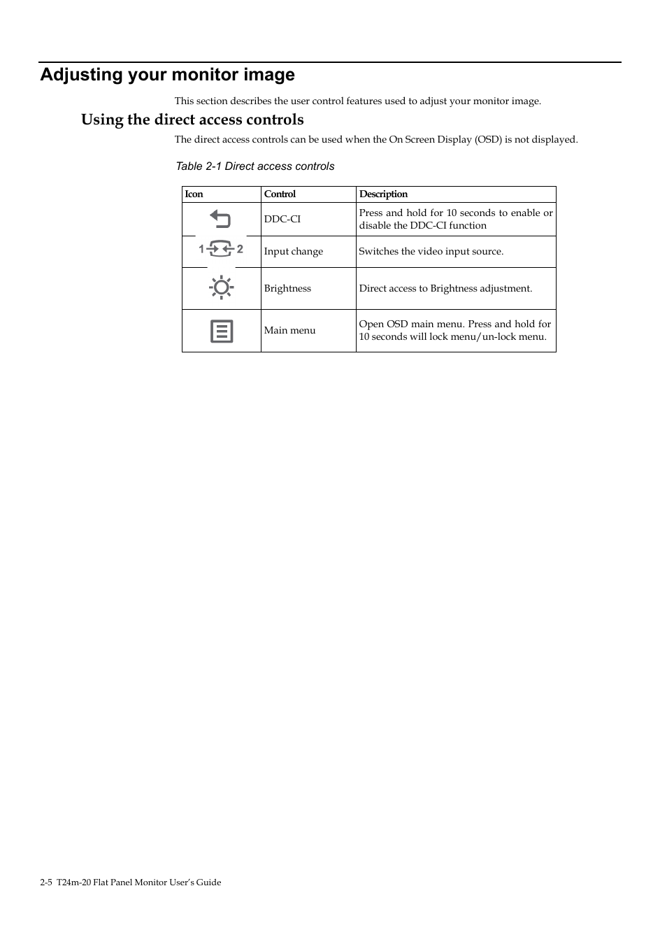 Adjusting your monitor image, Using the direct access controls, Adjusting your monitor image -5 | Using the direct access controls -5 | Lenovo T24M-20 23.8" USB Hub Monitor User Manual | Page 20 / 40