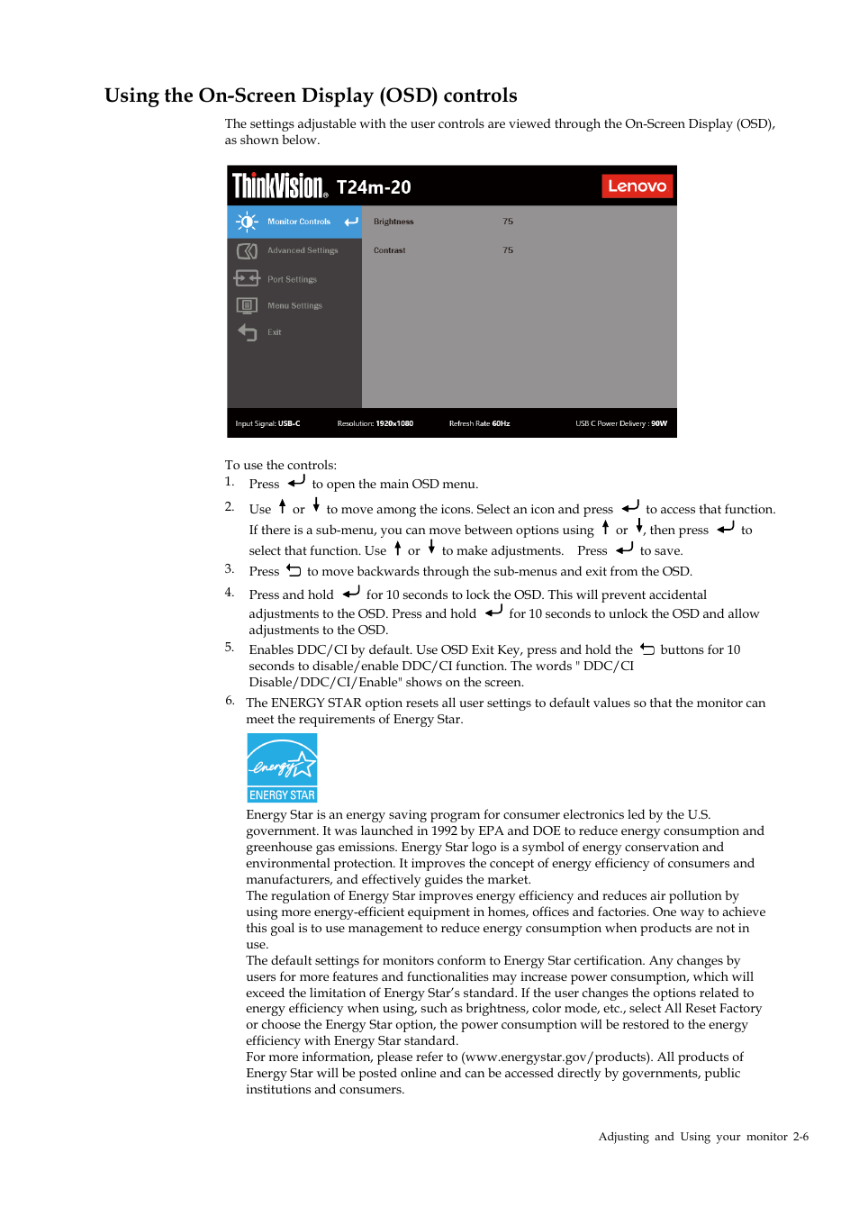 Using the on-screen display (osd) controls, Using the on-screen display (osd) controls -6 | Lenovo T24M-20 23.8" USB Hub Monitor User Manual | Page 21 / 40