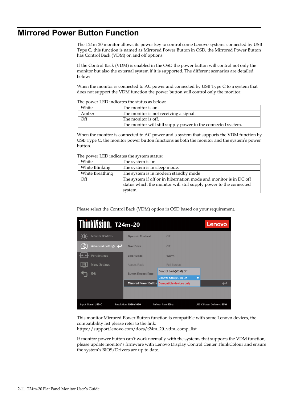 Mirrored power button function, Mirrored power button function -11 | Lenovo T24M-20 23.8" USB Hub Monitor User Manual | Page 26 / 40