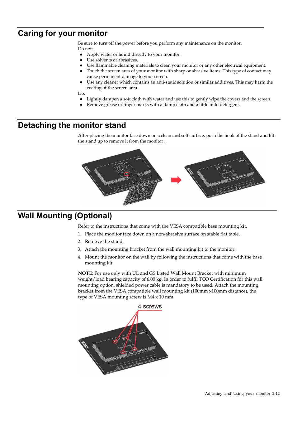 Caring for your monitor, Detaching the monitor stand, Wall mounting (optional) | Caring for your monitor -12, Detaching the monitor stand -12, Wall mounting (optional) -12 | Lenovo T24M-20 23.8" USB Hub Monitor User Manual | Page 27 / 40