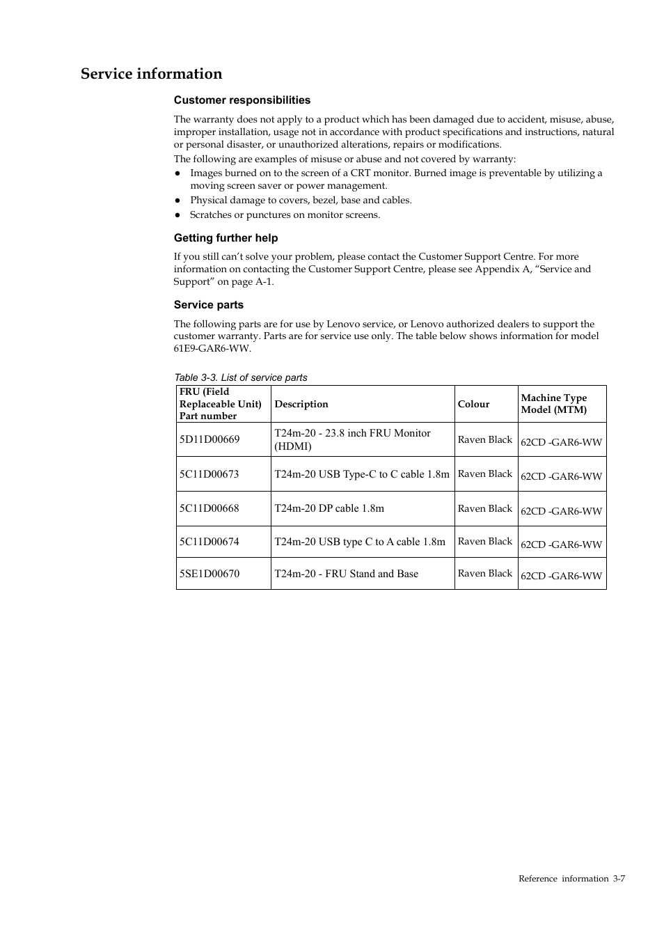 Service information, Service information -7 | Lenovo T24M-20 23.8" USB Hub Monitor User Manual | Page 34 / 40