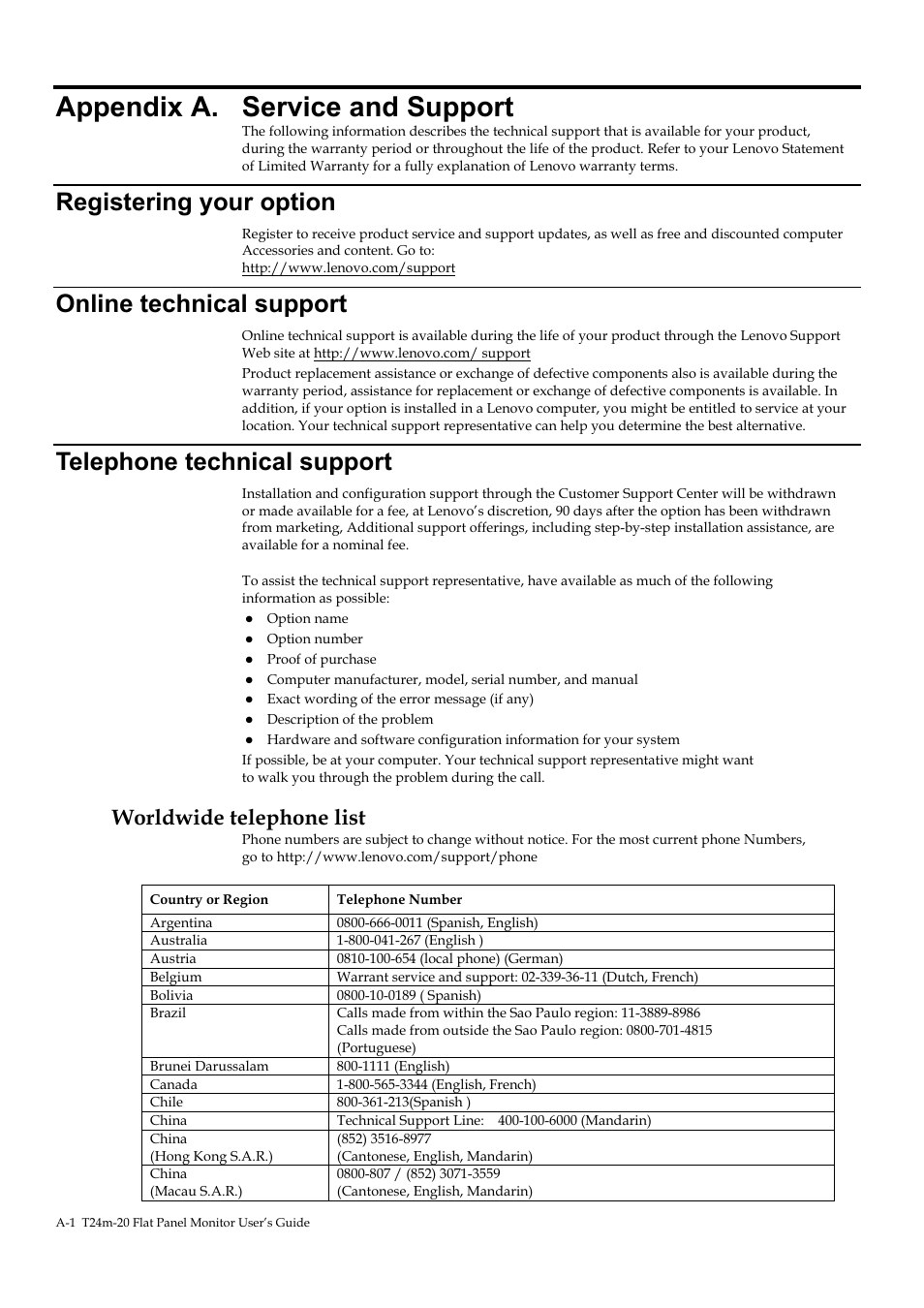 Appendix a. service and support, Registering your option, Online technical support | Telephone technical support, Worldwide telephone list, Appendix a, Service, And support” o | Lenovo T24M-20 23.8" USB Hub Monitor User Manual | Page 35 / 40