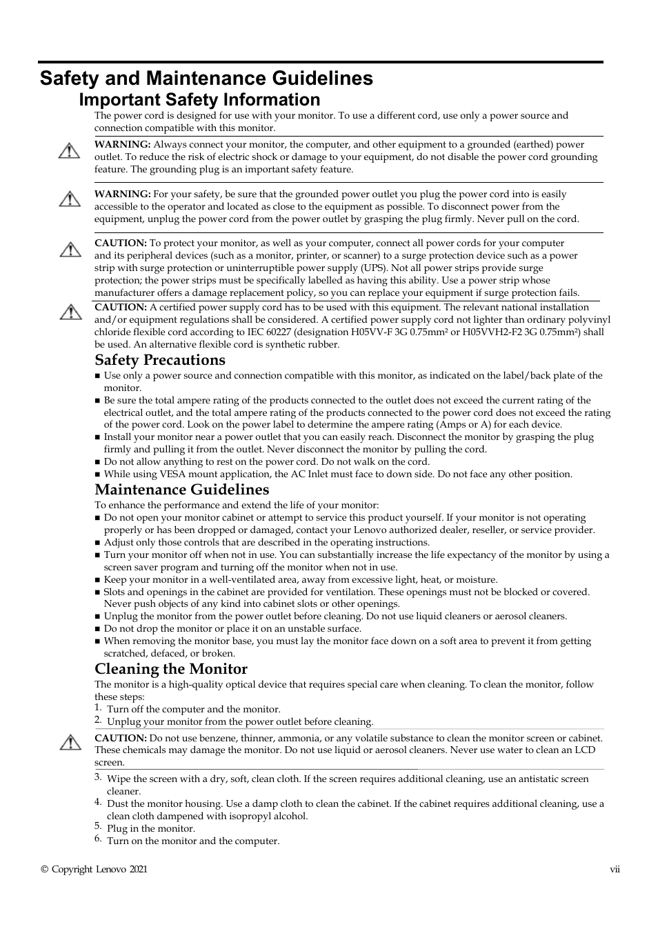 Safety and maintenance guidelines, Important safety information, Safety precautions | Maintenance guidelines, Cleaning the monitor | Lenovo T24M-20 23.8" USB Hub Monitor User Manual | Page 8 / 40