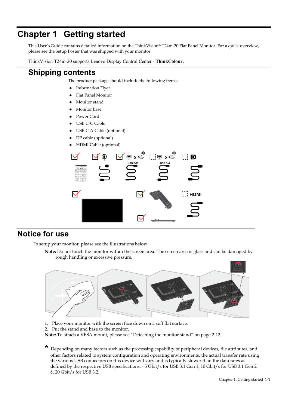 Chapter 1 getting started, Shipping contents, Notice for use | Chapter 1, Getting started -1, Shipping contents -1, Notice for use -1 | Lenovo T24M-20 23.8" USB Hub Monitor User Manual | Page 9 / 40
