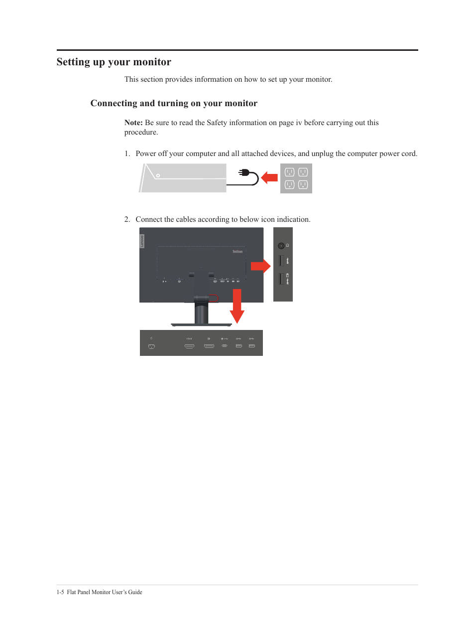 Connecting and turning on your monitor, Setting up your monitor, Setting up your monitor -5 | Lenovo T24t-20 23.8" 16:9 Multi-Touch IPS Display User Manual | Page 10 / 44