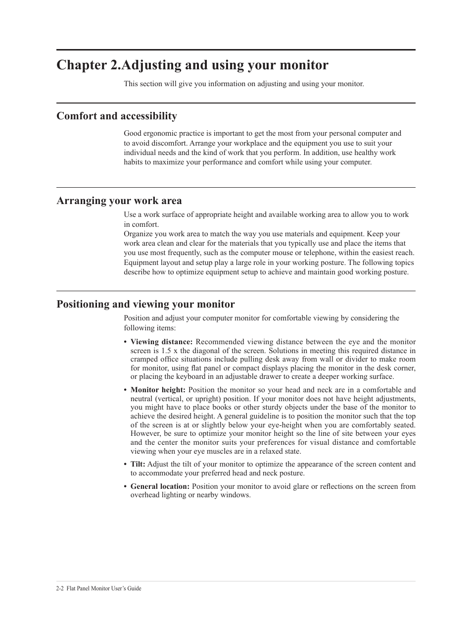 Chapter 2.adjusting and using your monitor, Comfort and accessibility, Arranging your work area | Positioning and viewing your monitor, Chapter 2.adjusting and using your monitor -2 | Lenovo T24t-20 23.8" 16:9 Multi-Touch IPS Display User Manual | Page 17 / 44