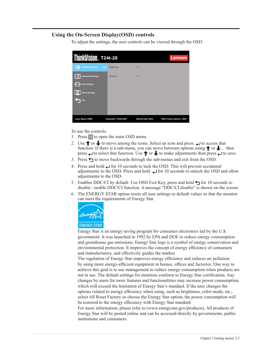 Using the on-screen display(osd) controls | Lenovo T24t-20 23.8" 16:9 Multi-Touch IPS Display User Manual | Page 20 / 44