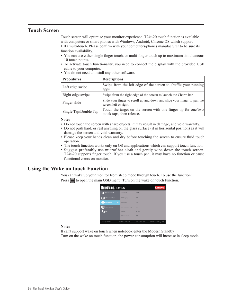 Touch screen, Using the wake on touch function, Finger slide | Lenovo T24t-20 23.8" 16:9 Multi-Touch IPS Display User Manual | Page 23 / 44