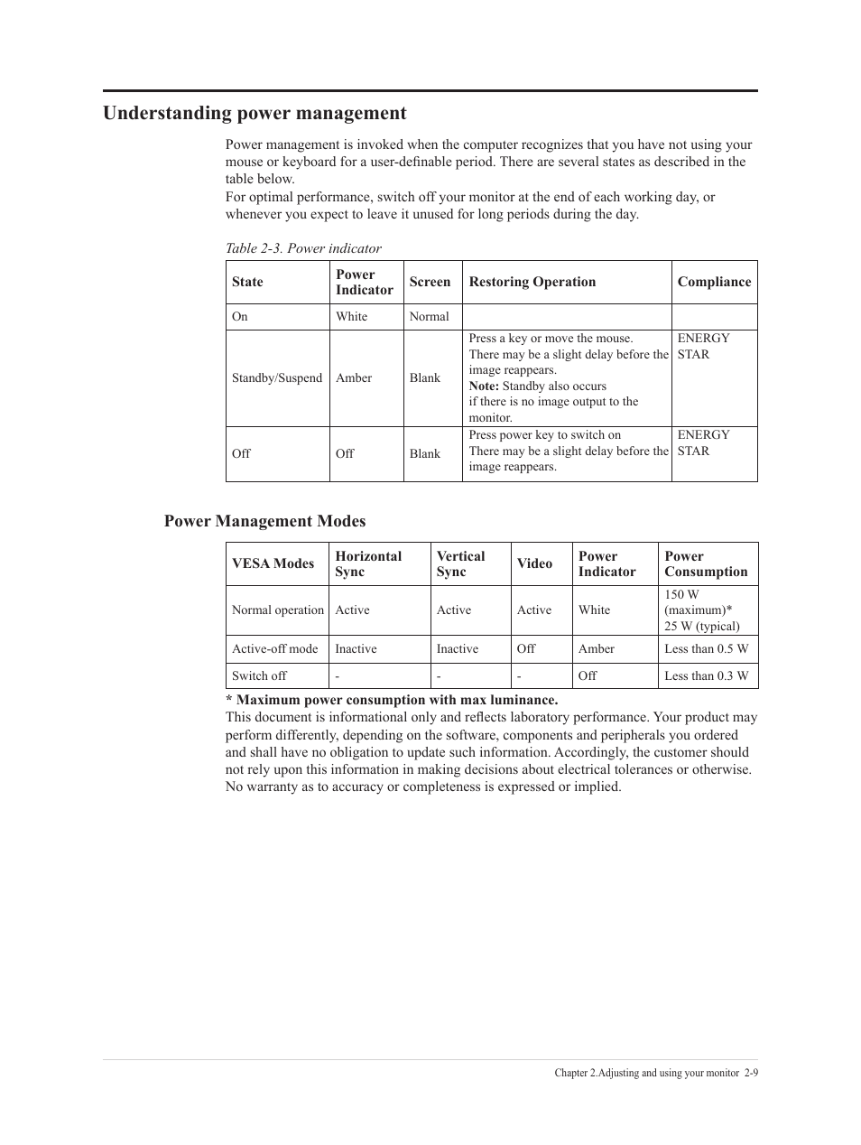 Understanding power management, Understanding power management -9, Power management modes | Lenovo T24t-20 23.8" 16:9 Multi-Touch IPS Display User Manual | Page 26 / 44