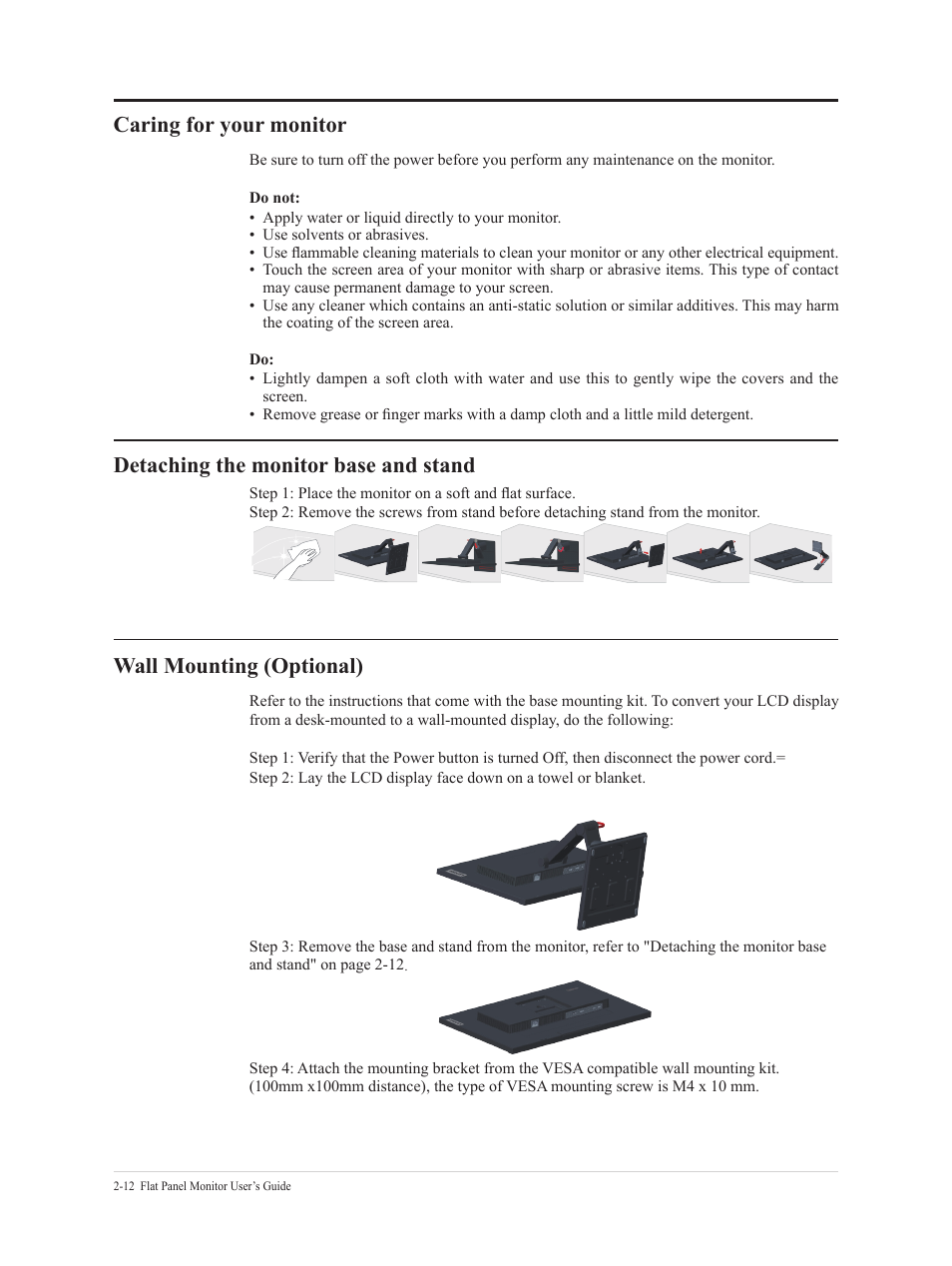 Caring for your monitor, Detaching the monitor base and stand, Wall mounting (optional) | Lenovo T24t-20 23.8" 16:9 Multi-Touch IPS Display User Manual | Page 29 / 44