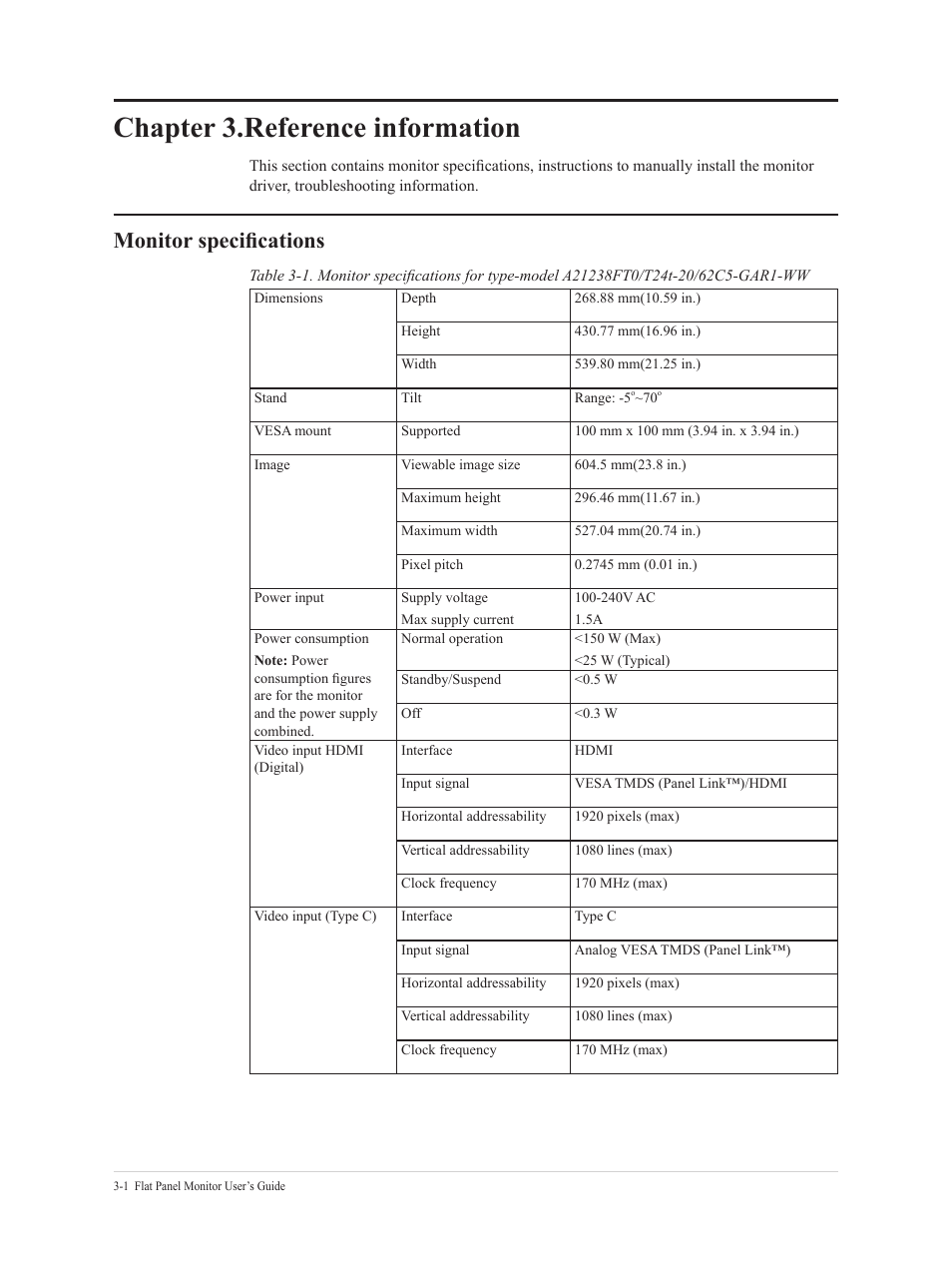 Monitor specifications, Chapter 3.reference information, Chapter 3.reference information -1 | Lenovo T24t-20 23.8" 16:9 Multi-Touch IPS Display User Manual | Page 31 / 44