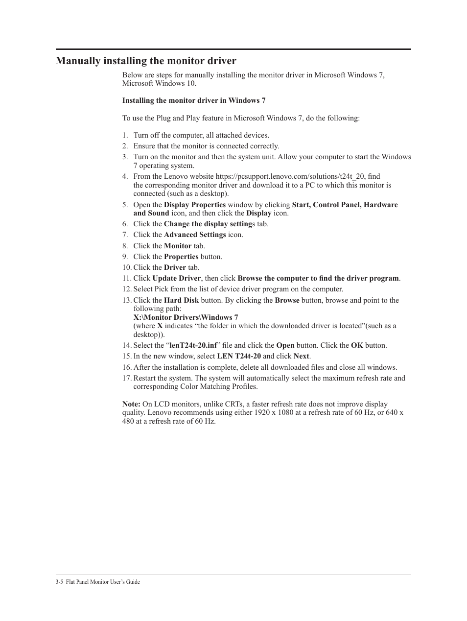 Manually installing the monitor driver, Manually installing the monitor driver -5 | Lenovo T24t-20 23.8" 16:9 Multi-Touch IPS Display User Manual | Page 35 / 44