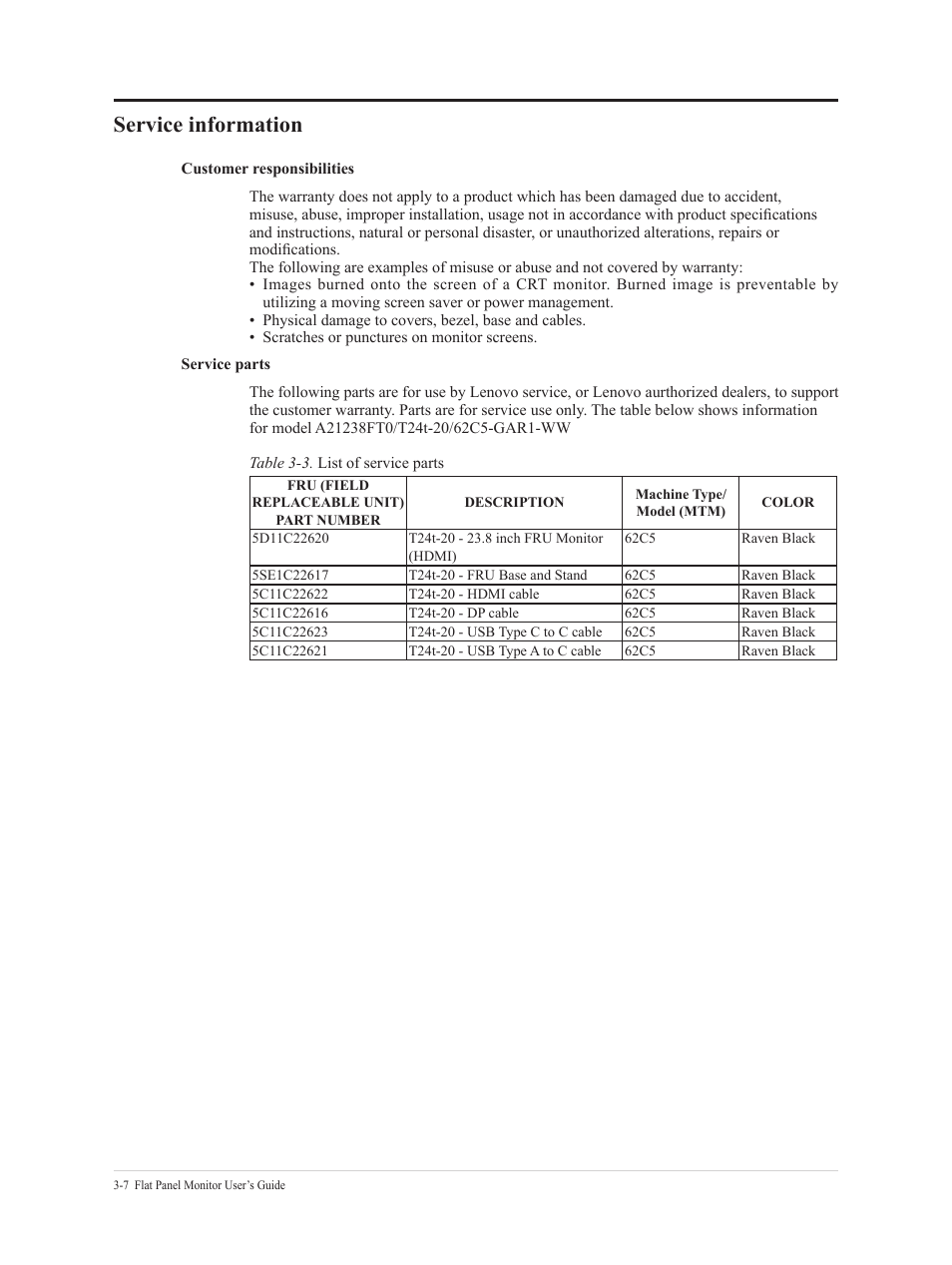 Service information, Service information -7 | Lenovo T24t-20 23.8" 16:9 Multi-Touch IPS Display User Manual | Page 37 / 44