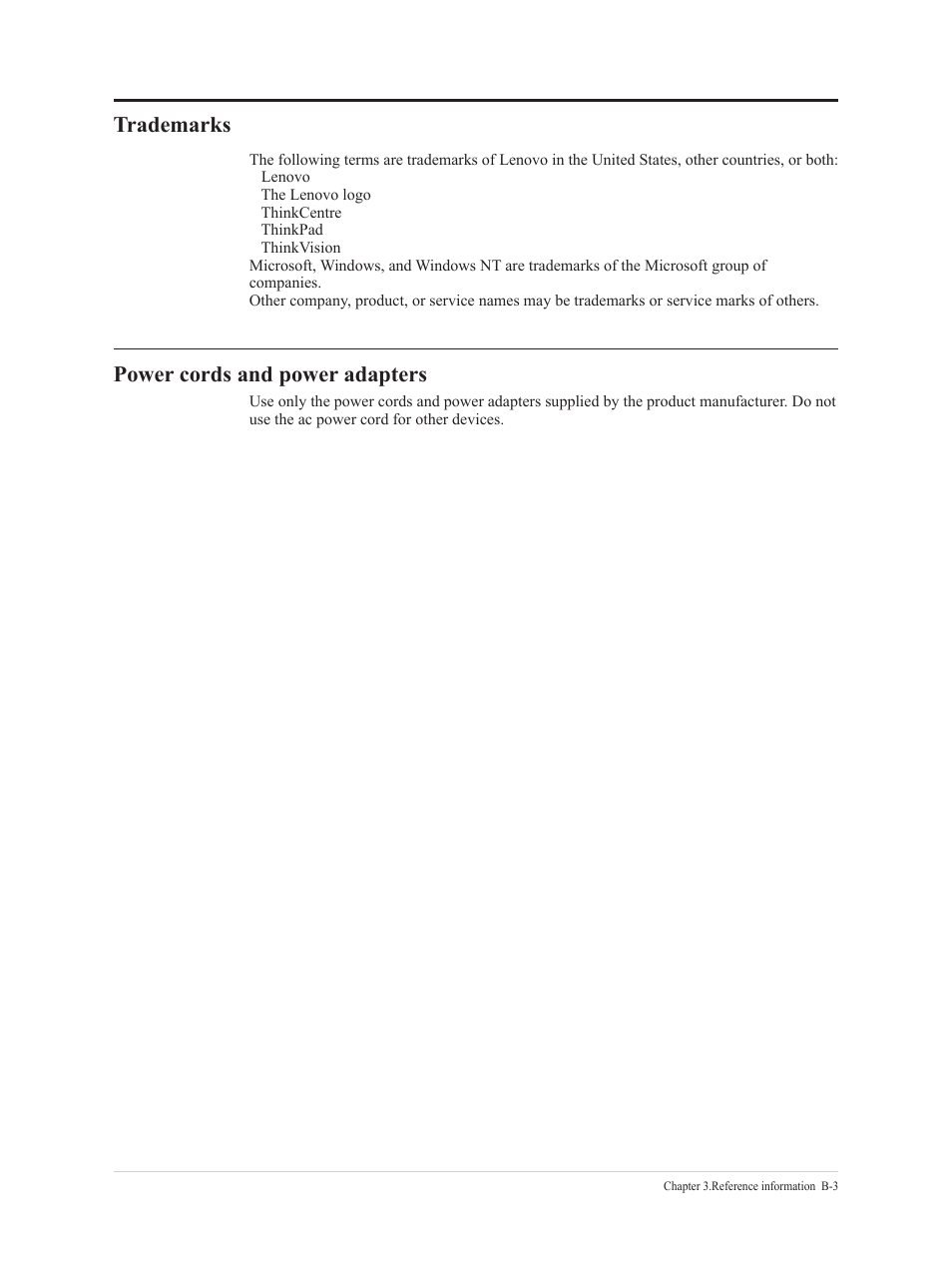Trademarks, Power cords and power adapters | Lenovo T24t-20 23.8" 16:9 Multi-Touch IPS Display User Manual | Page 44 / 44