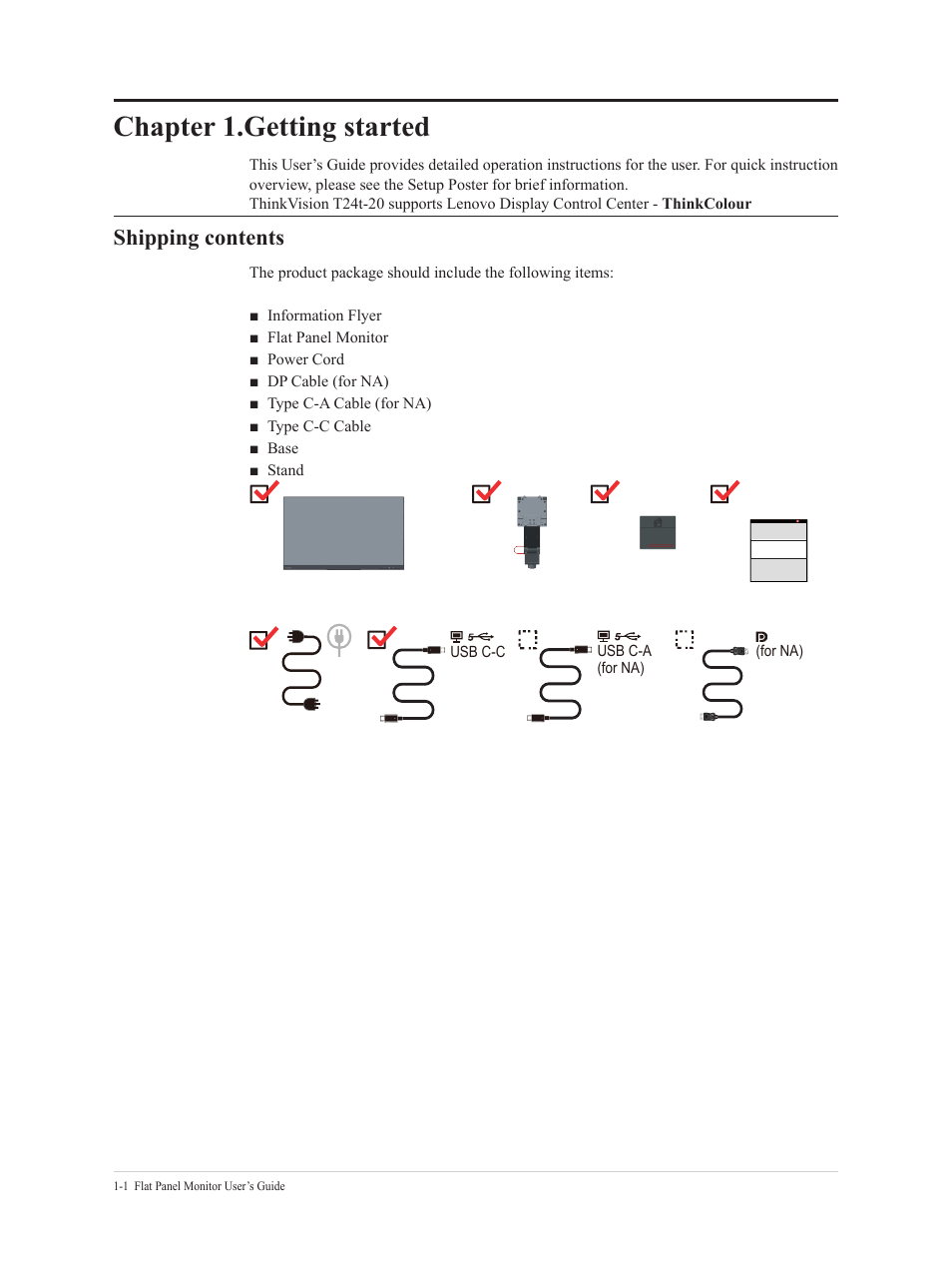 Chapter 1.getting started, Shipping contents, Chapter 1.getting started -1 | Shipping contents -1 | Lenovo T24t-20 23.8" 16:9 Multi-Touch IPS Display User Manual | Page 6 / 44