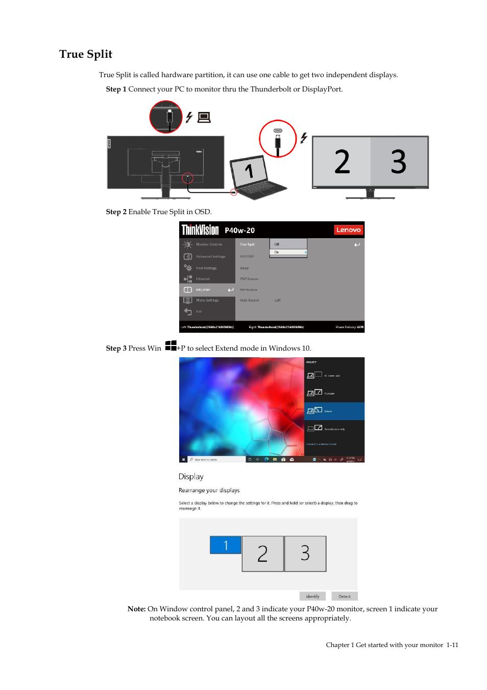 True split, True split -11 | Lenovo ThinkVision P40w-20 39.7" 5K Ultrawide Curved Monitor User Manual | Page 15 / 55