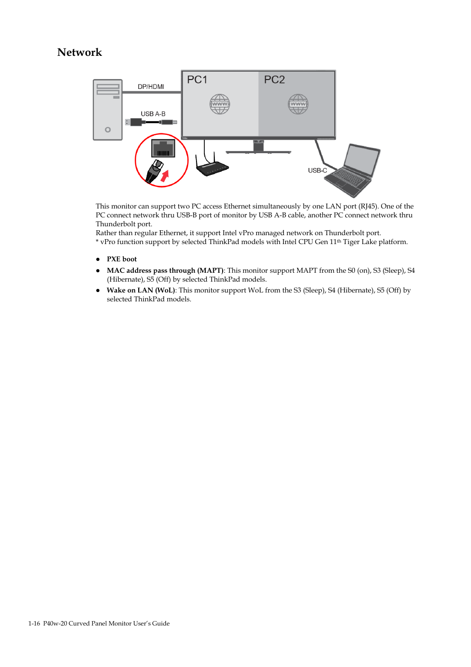 Network, Network -16 | Lenovo ThinkVision P40w-20 39.7" 5K Ultrawide Curved Monitor User Manual | Page 20 / 55