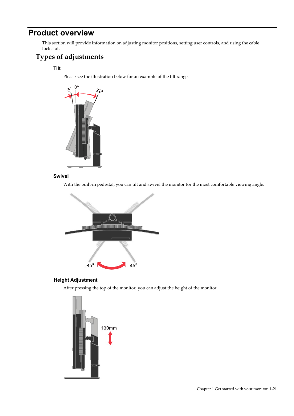 Product overview, Types of adjustments, Product overview -21 | Types of adjustments -21 | Lenovo ThinkVision P40w-20 39.7" 5K Ultrawide Curved Monitor User Manual | Page 25 / 55
