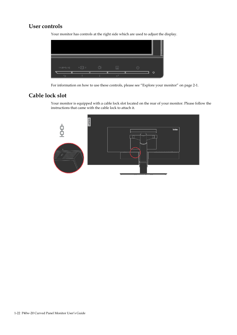 User controls, Cable lock slot, User controls -22 | Cable lock slot -22 | Lenovo ThinkVision P40w-20 39.7" 5K Ultrawide Curved Monitor User Manual | Page 26 / 55
