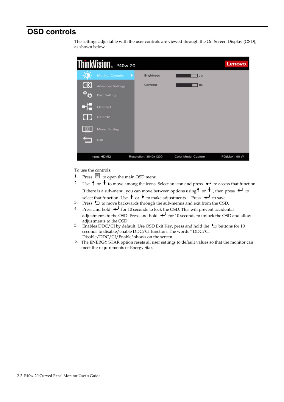 Osd controls, Osd controls -2 | Lenovo ThinkVision P40w-20 39.7" 5K Ultrawide Curved Monitor User Manual | Page 30 / 55