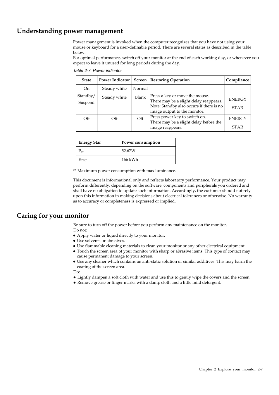 Understanding power management, Caring for your monitor, Understanding power management -7 | Caring for your monitor -7 | Lenovo ThinkVision P40w-20 39.7" 5K Ultrawide Curved Monitor User Manual | Page 35 / 55