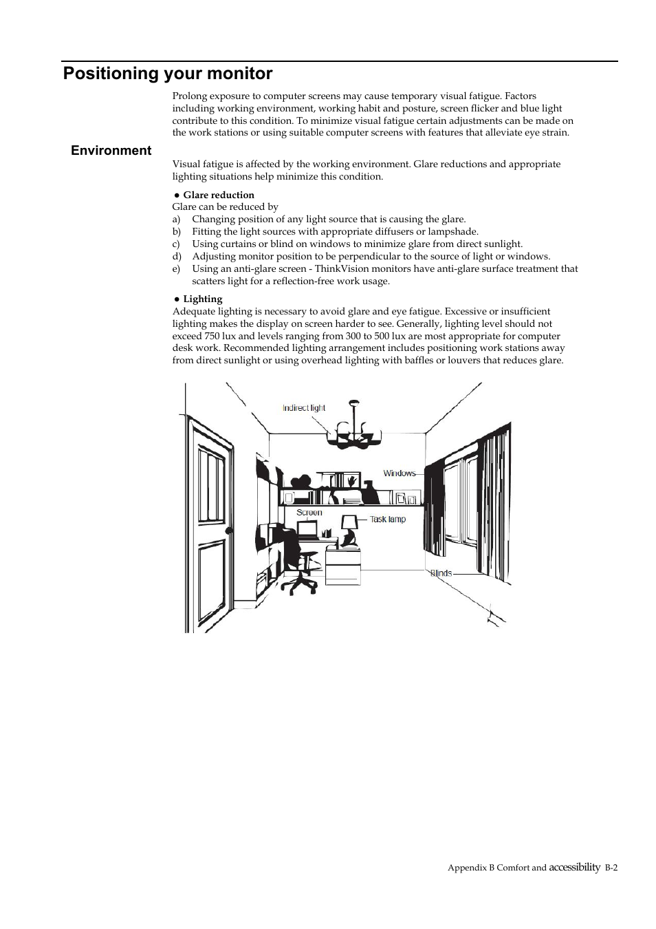 Positioning your monitor, Environment | Lenovo ThinkVision P40w-20 39.7" 5K Ultrawide Curved Monitor User Manual | Page 42 / 55