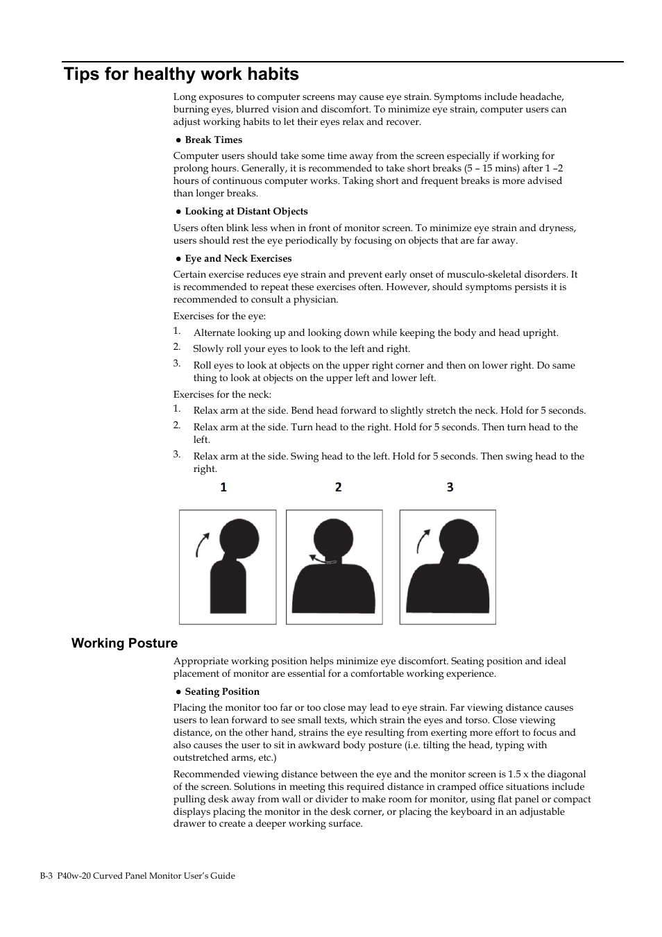 Tips for healthy work habits, Working posture | Lenovo ThinkVision P40w-20 39.7" 5K Ultrawide Curved Monitor User Manual | Page 43 / 55