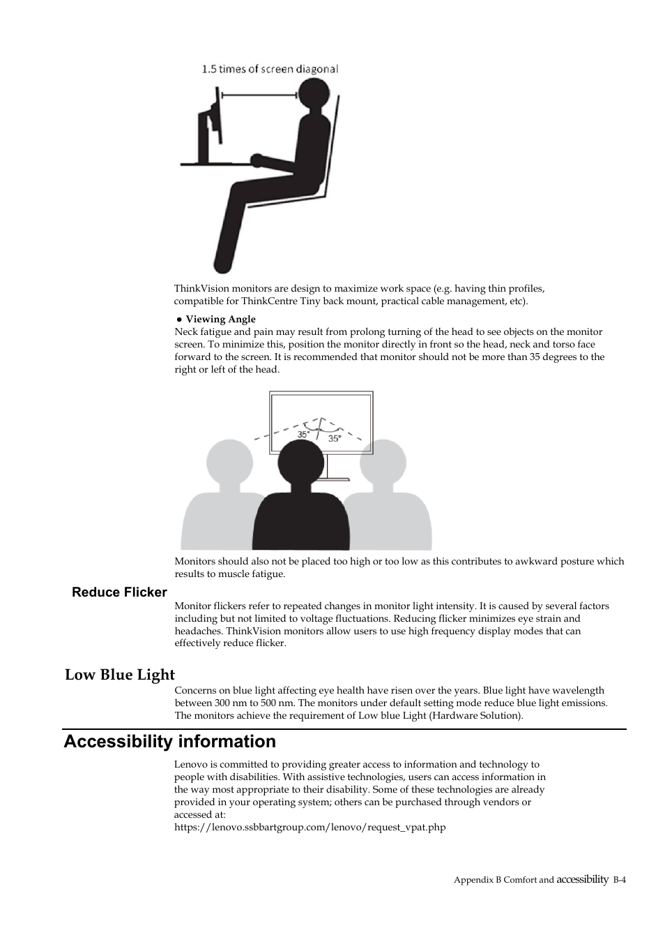 Low blue light, Accessibility information, Reduce flicker | Lenovo ThinkVision P40w-20 39.7" 5K Ultrawide Curved Monitor User Manual | Page 44 / 55