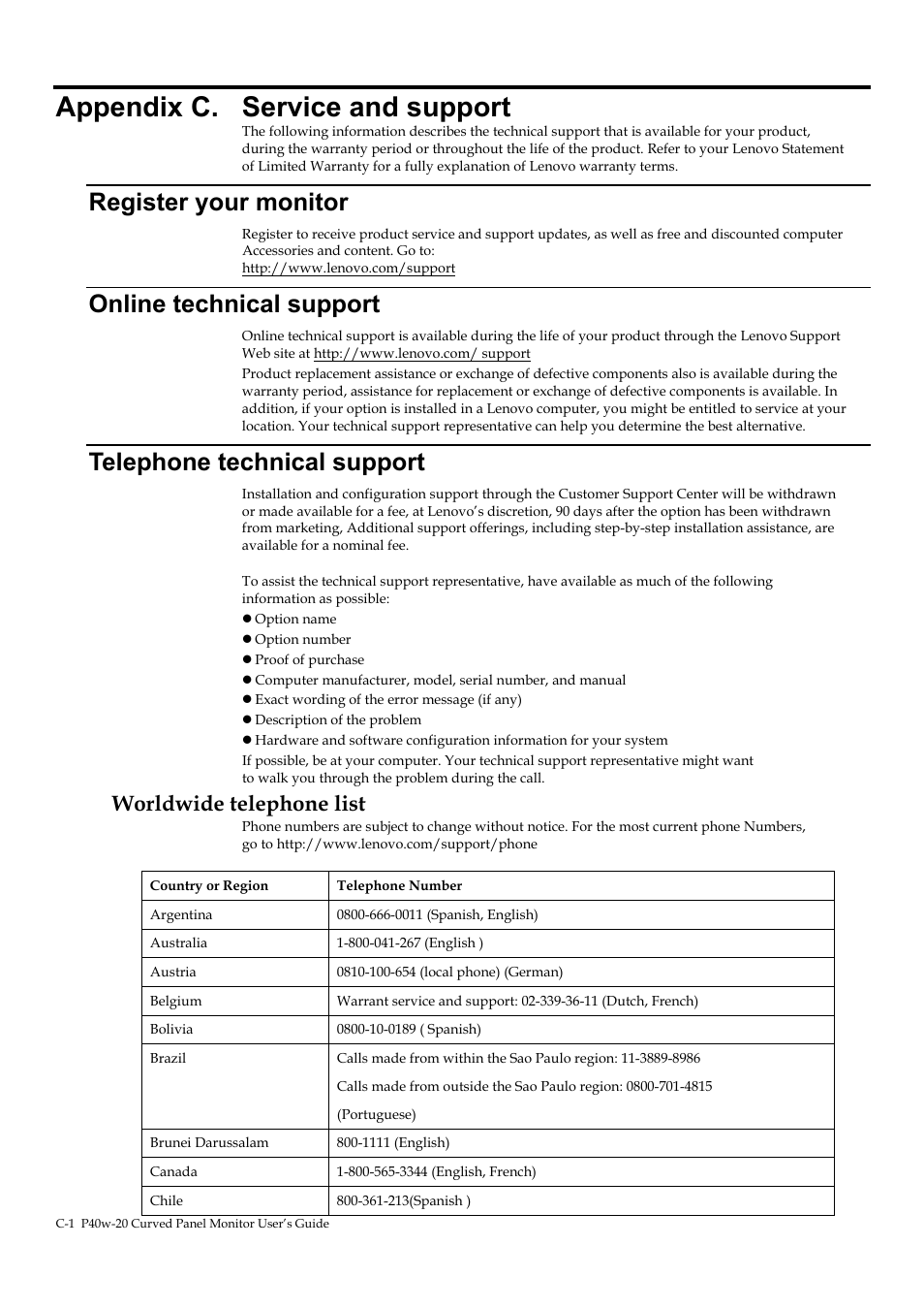 Appendix c. service and support, Register your monitor, Online technical support | Telephone technical support, Worldwide telephone list, Appendix c, Appendix c, “service, And support | Lenovo ThinkVision P40w-20 39.7" 5K Ultrawide Curved Monitor User Manual | Page 45 / 55