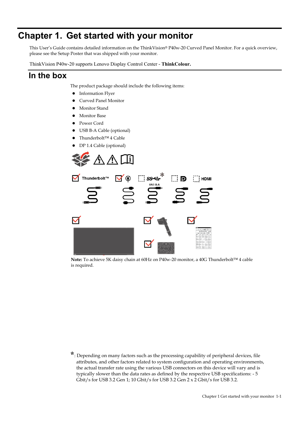 Chapter 1. get started with your monitor, In the box, Chapter 1 | Get started with your monitor -1, In the box -1 | Lenovo ThinkVision P40w-20 39.7" 5K Ultrawide Curved Monitor User Manual | Page 5 / 55