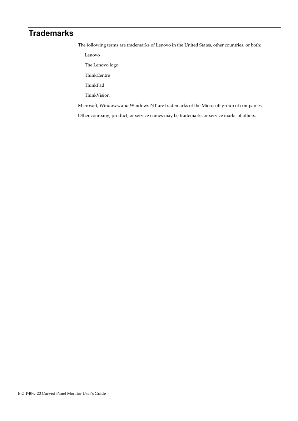 Trademarks | Lenovo ThinkVision P40w-20 39.7" 5K Ultrawide Curved Monitor User Manual | Page 55 / 55