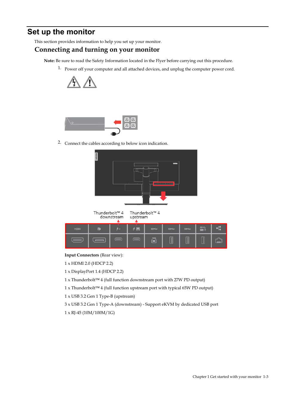 Set up the monitor, Connecting and turning on your monitor, Set up the monitor -3 | Connecting and turning on your monitor -3 | Lenovo ThinkVision P40w-20 39.7" 5K Ultrawide Curved Monitor User Manual | Page 7 / 55