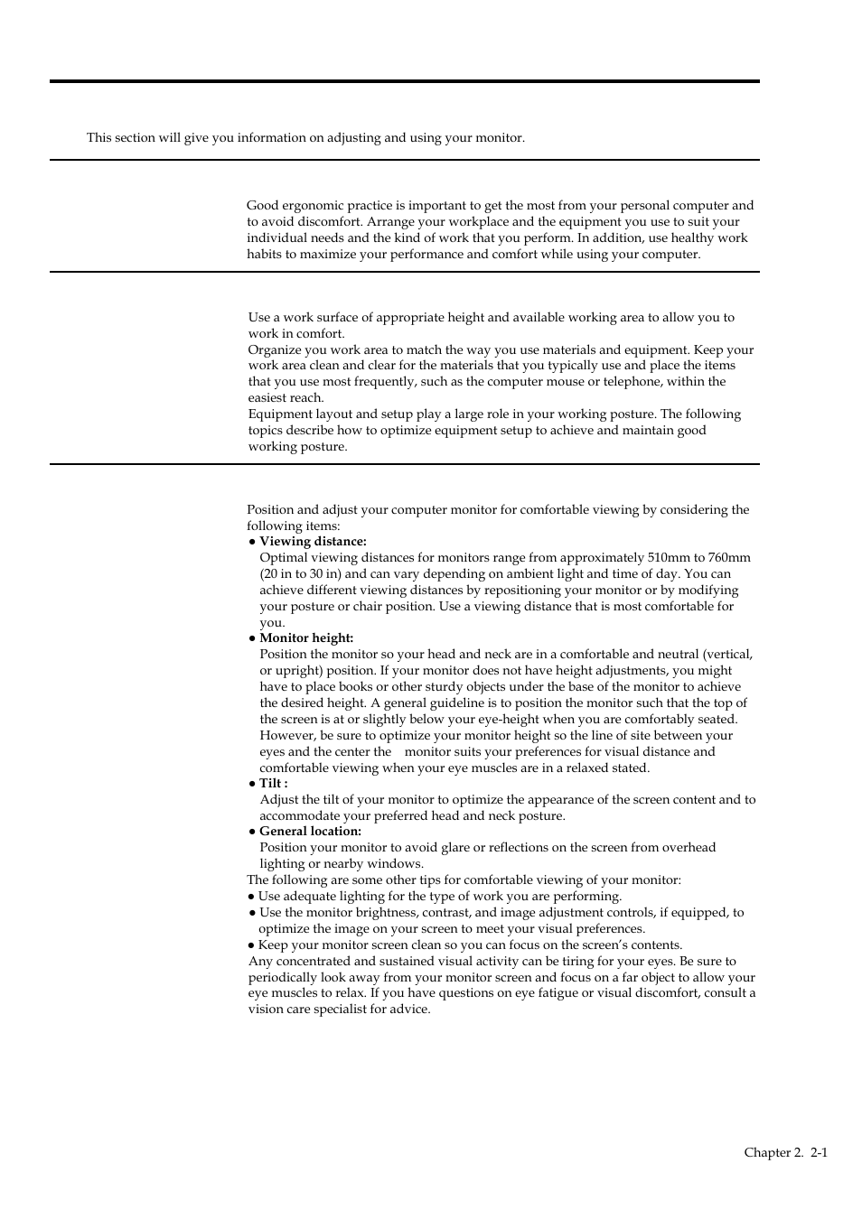 Chapter 2 adjusting and using your monitor, Comfort and accessibility, Arranging your work area | Positioning and viewing your monitor | Lenovo G34w-10 34" 1440p 144 Hz Curved Gaming Monitor User Manual | Page 11 / 27