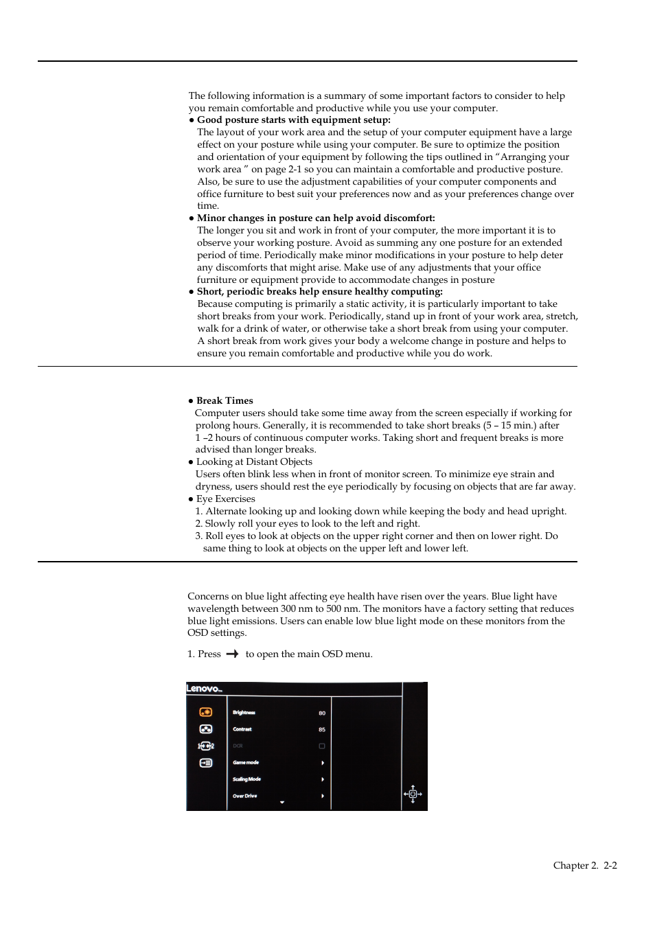 Quick tips for healthy work habits, Eye strain, Low blue light | Lenovo G34w-10 34" 1440p 144 Hz Curved Gaming Monitor User Manual | Page 12 / 27