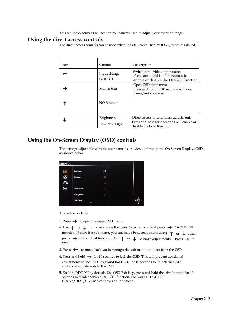 Adjusting your monitor image, Using the direct access controls, Using the on-screen display (osd) controls | Lenovo G34w-10 34" 1440p 144 Hz Curved Gaming Monitor User Manual | Page 14 / 27